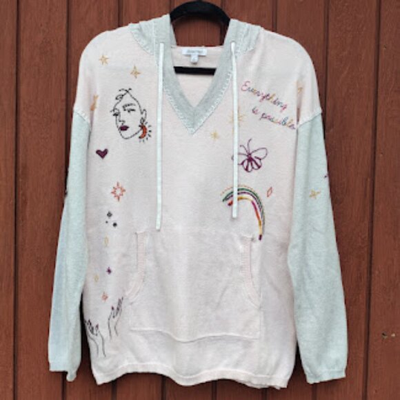 JOHNNY WAS | Embroidered Pastel Pink And Grey V-Neck Sweater Hoodie Soft Girl S - Picture 2 of 13